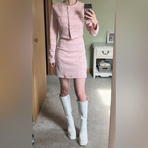 Pink Tweed Mini Dress Jacket Set- Women's Vintage A-Line